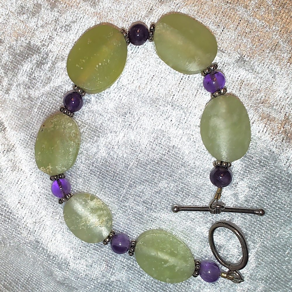 Beautiful Amethyst And Prehnite Or Adventurine Toggle Closure Bracelet
